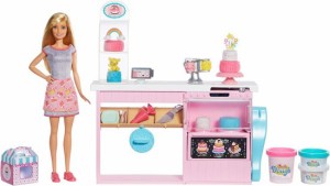 Barbie ブロンド人形でプレイセットを飾るバービーケーキ、オーブン付きのベーキングアイランド、4?7歳の子供向けの生地の成形、おもちゃ