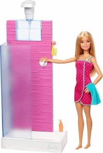 Barbie バービー人形と家具セット、作業シャワー付きのバスルームと3つのバスアクセサリー、3-7歳のギフトセット