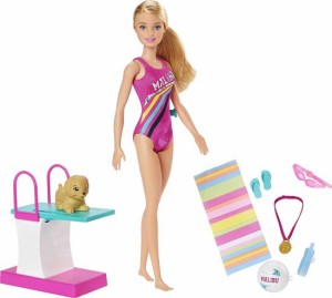 Barbie バービードリームハウスアドベンチャースイム 'nダイビングドール、11.5インチ、水着、水泳機能、ダイビングボード、子犬、3-7歳