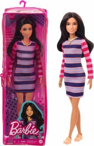 Barbie バービーファッショニスタドール＃147ストライプドレス、オレンジ色の靴とネックレス、3-8歳のおもちゃを着た長いブルネットの髪