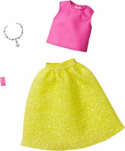 Barbie 黄色のキラキラしたスカート、ピンクのトップ、ネックレス、バングル、子供用の人形服3-8歳のバービーファッションパック