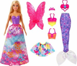 Barbie バービードリームトピアドレスアップ人形ギフトセット、12.5インチ、プリンセスと妖精と人魚の衣装を着たブロンド、3-7歳のギフト