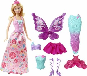 Barbie 3人のおとぎ話のキャラクター、プリンセス、人魚、妖精の衣装とアクセサリーを備えたバービー人形、3-7歳の贈り物、