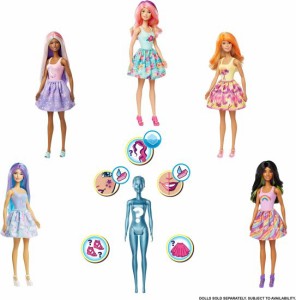Barbie バービーの色は、7つの驚きの4つのミステリーバッグ、サプライズウィッグ、スカート、シューズ、スポンジを持つ人形を明らかにし