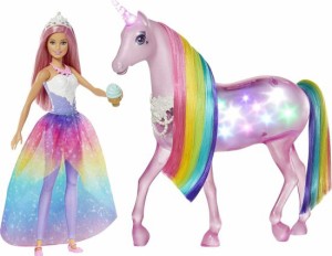 Barbie バービードリームトピアマジカルライトユニコーンレインボーマネ、ライトとサウンド、ピンクの髪とフードアクセサリーのバービー