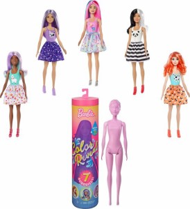 Barbie バービーの色は7つの驚きで人形を明らかにします。 4つのミステリーバッグには、サプライズウィッグ、スカート、靴、スポンジが含