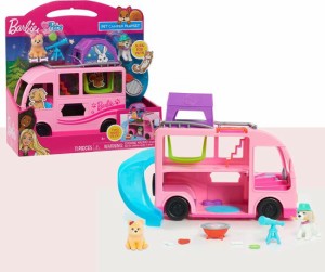 Barbie バービーペットキャンピングカー、11ピース、おもちゃのフィギュア、プレイセット、子供のおもちゃを演奏するだけで3歳まで
