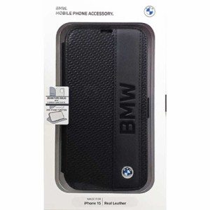 エアージェイ　BMW iPhone15用 本革 手帳型ケース ブラック　BMBKP15S22RDPK
