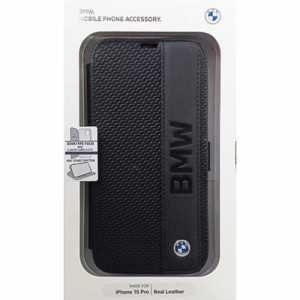 エアージェイ　BMW iPhone15 Pro用 本革 手帳型ケース ブラック　BMBKP15L22RDPK