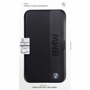 エアージェイ　BMW iPhone15 Pro Max用 本革 手帳型ケース ブラック　BMBKP15X22RDPK