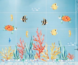 ウォールステッカー 動物 海 子供部屋 魚 お風呂 子供 おしゃれ 壁紙 風景 窓 亀 青い 海底 海の中 ブルー かわいい シール 鯨 癒し系 サ