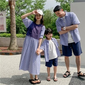 親子 ペアルック シャツ ペア ワンピース ブルー 夏服 親子コーデ 親子 ペアｔシャツ 半袖 コーデ 夏 シャツ 家族 お揃い tシャツ ブラン