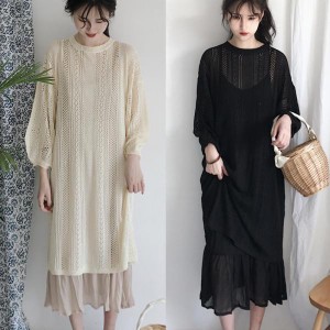 ニット チュニック 大きめ 透け感 模様編み レース模様 ロング丈 送料無料 お呼ばれ 大人かわいい ワンピース 結婚式 ドレス 演奏会