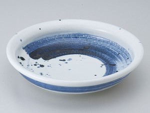 和食器 大皿 麺皿/ 呉須刷毛目玉渕8.0浅鉢（軽量磁器） /メインディッシュ 和風パスタ 冷やしうどん 冷やし中華 冷やしそば 業務用 家庭