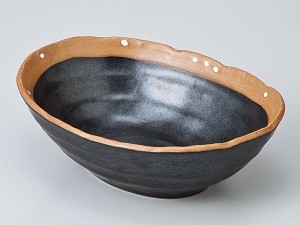 和食器 中鉢/ 黒ドット 手造りダ円鉢 /陶器 業務用 家庭用 Medium Sized Bowl