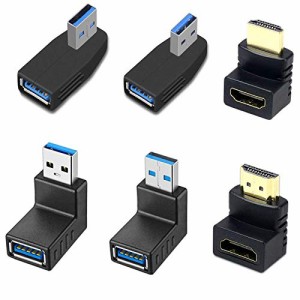 YFFSFDC USB 3.0 アダプタ 4個セット＆HDMI アダプタ 2個セット USB 3.0 直角 90度 L字型 方向変換アダプター オス×