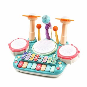 Cute Stone 5in1楽器玩具 音楽おもちゃ ドラムおもちゃ ピアノキーボード ドラム 木琴 マイク2個付き ドウムギター 多機能 音楽&ライ