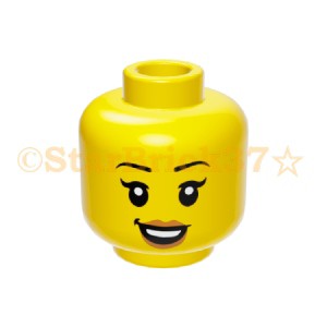 レゴ LEGO ミニフィグ パーツ 頭 顔 ばら売り ミニフィグヘッド：イエロー(黒い眉毛とピーチリップのニヤリ笑顔の女性顔)