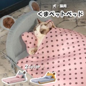 ペットベッド くま 枕 掛け布団付き 犬 猫 洗える ドット柄 小型犬 ペット ペット用 ベッド かわいい おしゃれ  角型 犬用 猫用