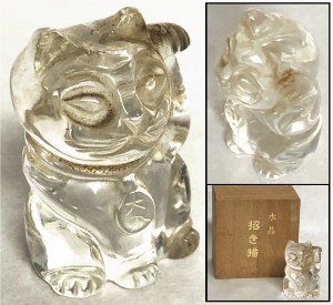 【送料無料】天然水晶 招き猫 一刀彫り 手彫り 共箱 ウブ品 日本古玩 入手困難 骨董 コレクション (旧家蔵出し) 威龍彩雲通販 