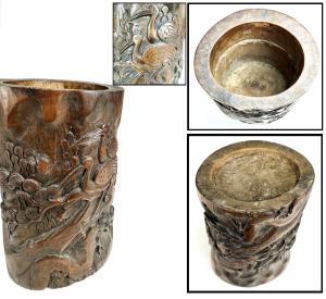 中国美術 古玩 古銅 細密 山水筆筒 書道具 唐物 透彫 古道具 通販の