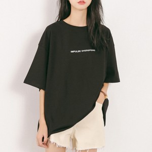 【送料無料】新作 Tシャツ レディースカットソー 半袖 英字ロゴ 韓国ファッション ゆったり ロングT カジュアル 即納 ブラック