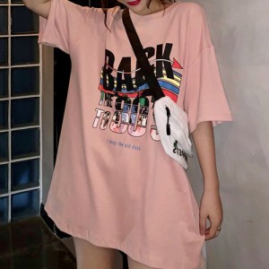 【送料無料】【即納】プリントtシャツ レディース 半袖 ロングtシャツ カジュアル トップ 韓国ファッション おしゃれ ピンク Ｎ11