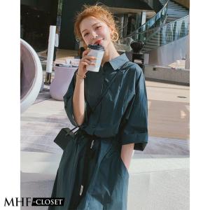 シャツワンピース かわいい スタイル 半袖 シフォン ドレス Aライン ミドル丈 Hタイプ ハイウエスト お出かけ