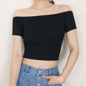 【即納】 レディース トップス カットソー へそ出し Tシャツ オフショルダー 肩出し ショート丈 セクシー シンプル 無地 ブラック