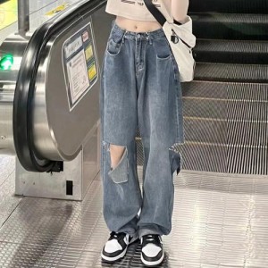 【即納】レディース デニムパンツ ダメージ ジーンズ 春夏秋 デニムワイドパンツ ハイウエストストレートパンツ おしゃれ ロングパンツ着