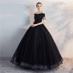 オフショルダー プリンセスライン ブラック ウェディングドレス 二次会 花嫁 ウェディングドレス カラードレス ウェディングドレス 大きの通販
