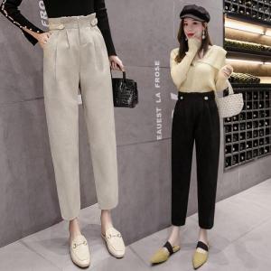 【2019秋冬】【2カラー S-2XL】ウエスト部分のフリルが女性らしくタック入りのシルエットがきちんと感を演出してくるテーパードパンツ♪