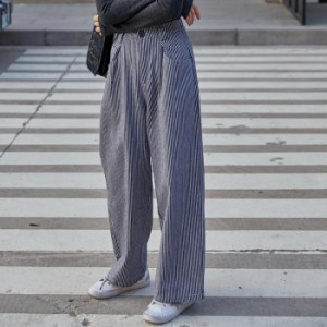 【2019秋冬】【S-L】ストライプ柄が綺麗見えするワイドパンツ♪ パンツ/ボトムス/シンプル/ウエストボタン/ストライプ柄/シンプル/ベー
