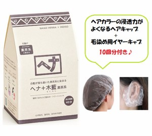 白髪染め ヘナ ヘアカラー 毛染め カラーリング 400g 黒茶 ナイアード ヘアキャップ イヤーキャップ 10回分プレゼント トリートメント効