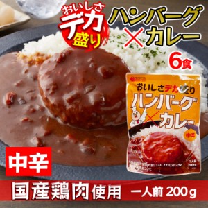 デカ盛り ハンバーグカレー レトルトカレー 国産鶏肉 使用 200g 1人前 × 6個セット 中辛 ボリューム満点 電子レンジ 簡単調理