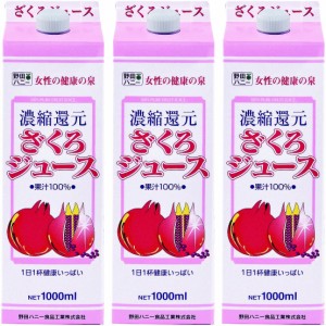 野田ハニー ざくろジュース（濃縮還元） ざくろジュース100％ 紙パック 1000ml 3本セット 送料無料