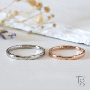 ペアリング 2本セット ステンレス 結婚指輪 刻印 ダイヤモンド シンプル つけっぱなし 細身 甲丸 スティールシルバーカラー ローズゴール