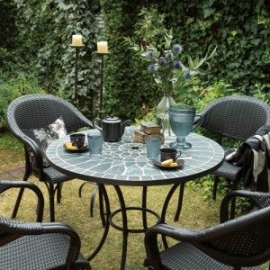 ガーデンファニチャー グリーンモザイクテーブル＆チェア 5点セット（テーブル径90＋チェア2脚組×2） G72401