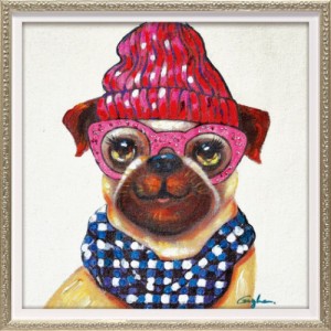 オイルペイントアート 動物画 ピンクグラス ドッグ (Sサイズ) OP-07034 油絵 額付き 犬 かわいい インテリア 取寄品 送料無料
