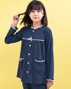 パジャマ キッズ 女児　 肌に優しい綿100％ニット地ドット　長袖　春秋　130cm/140cm/150cm/160cm 前開き お泊り学習　林間学校　修学旅