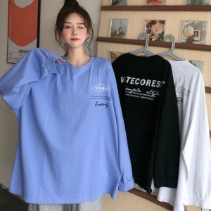 ロゴトップス Tシャツ ゆったり おしゃれ 韓国ファッション ロング丈 着やせ トップス レディース 韓国 オルチャン 即納