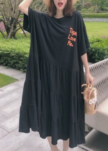 ワンピース 春夏 普段使い 綿 ルーム お出かけ デート 黒 イエロー ピンク ラウンドネック 大きめ ビッグサイズ ロゴ 英字 アニマル 動物