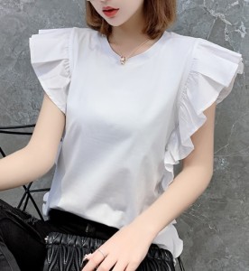 トップス Tシャツ コットン ラウンドネック 半袖 ゆったり 大きいサイズ フリル 大人可愛い 春夏 白 10代 20代 30代 お出かけ デート 着