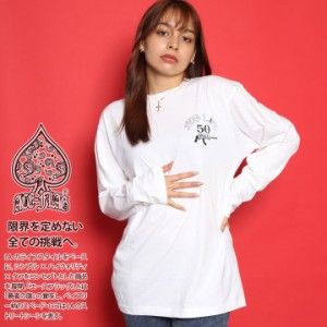 ACEFLAG ロンT レディース 春秋冬用 黒 白 大きいサイズ エースフラッグ Tシャツ 長袖 かわいい キュート 総柄 タトゥー 入れ墨 十字架 A