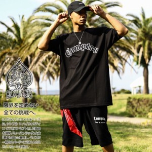 ACE FLAG 上下セット 半袖 ブランド Tシャツ ハーフパンツ 上下 メンズ 春夏用 黒 エースフラッグ セットアップ LA Compton コンプトン 