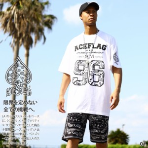 ACE FLAG 上下セット 半袖 Tシャツ ハーフパンツ 上下 メンズ 白/黒 大きいサイズ エースフラッグ セットアップ LA ペイズリー柄 スペー