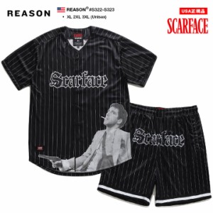 REASON × 映画 Scarface 限定 コラボ セットアップ 公式 半袖 上下セット ゲームシャツ 野球 ハーフパンツ メンズ 春夏用 黒 大きいサイ