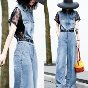 デニムパンツ ジャンプスーツ オールインワン パンツドレス レディース かっこいい きれいめ 半袖 おしゃれ デニム パンツ 黒 レース ワ