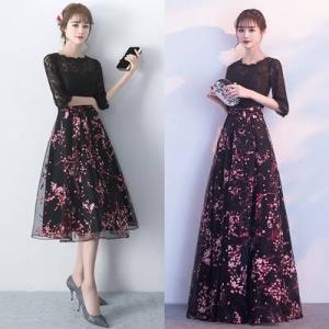 パーティードレス 袖あり 大きいサイズ レース フォーマル ドレス ワンピース ロング ミモレ丈 膝丈 花柄 黒 20代 30代 40代 結婚式 演奏