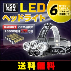 【送料無料】 USB充電式 LED ヘッドライト リチウムイオンバッテリー 2個付 18650 超高輝度 防水